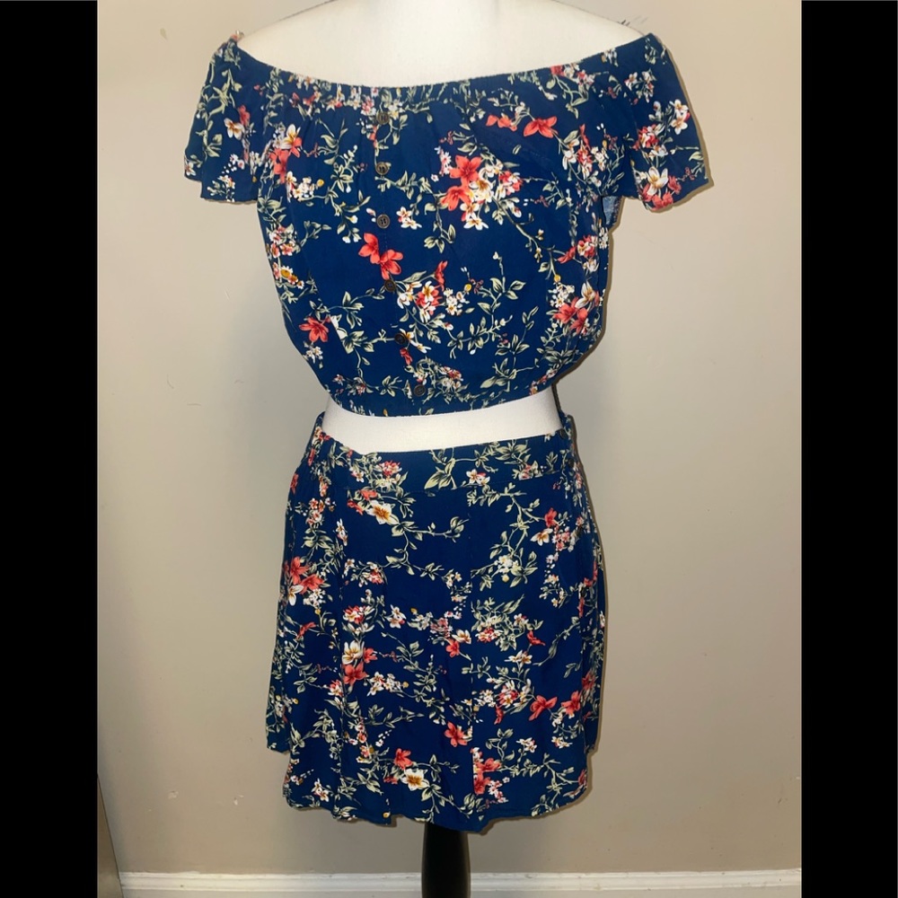 2 pc Navy Floral off shoulder & midi skirt set
